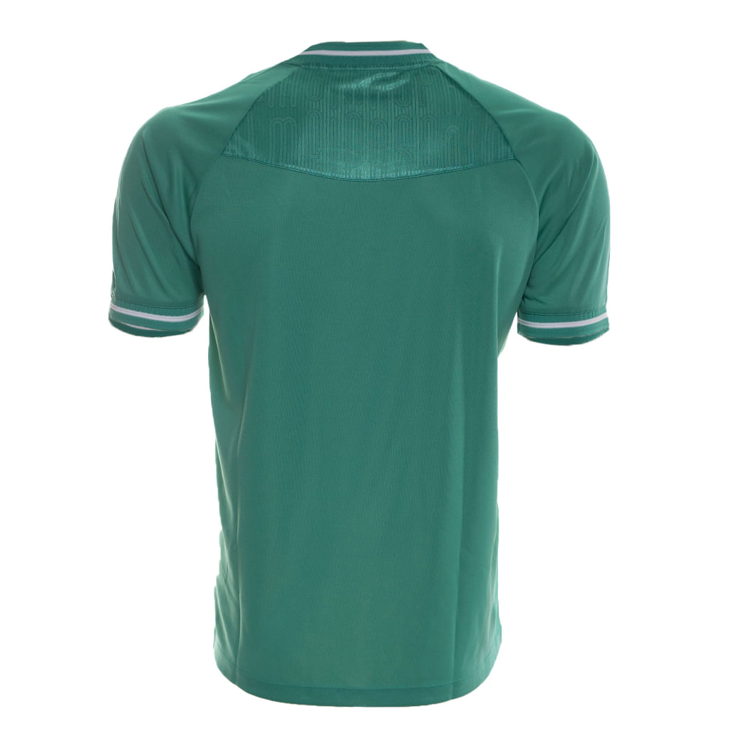 Vista lateral da camiseta masculina verde Palmeiras Champion destacando detalhes das mangas e tecido